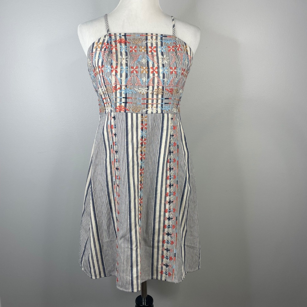 Altar'd State Embroidered Striped Mini Dress Blue White Floral TM4871-1 Womens M